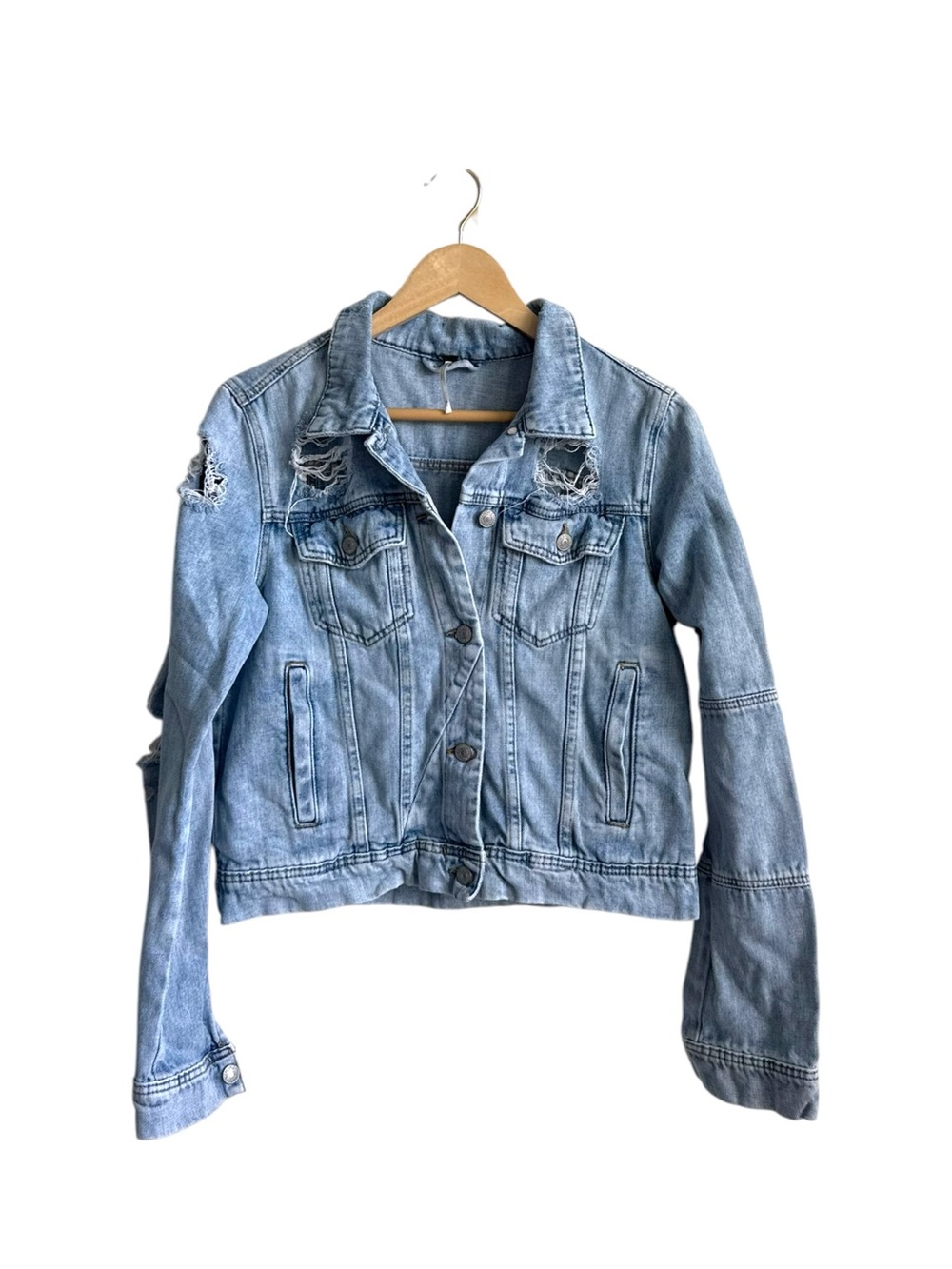 Free People Rumors Distressed Denim Jacket Light Wash Medium